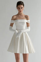 Load image into Gallery viewer, White Satin Off The Shoulder Short A Line Graduation Dress (Gloves are not included)