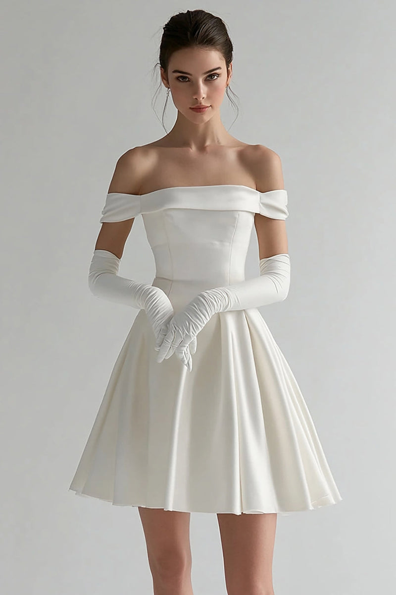 Load image into Gallery viewer, White Satin Off The Shoulder Short A Line Graduation Dress (Gloves are not included)
