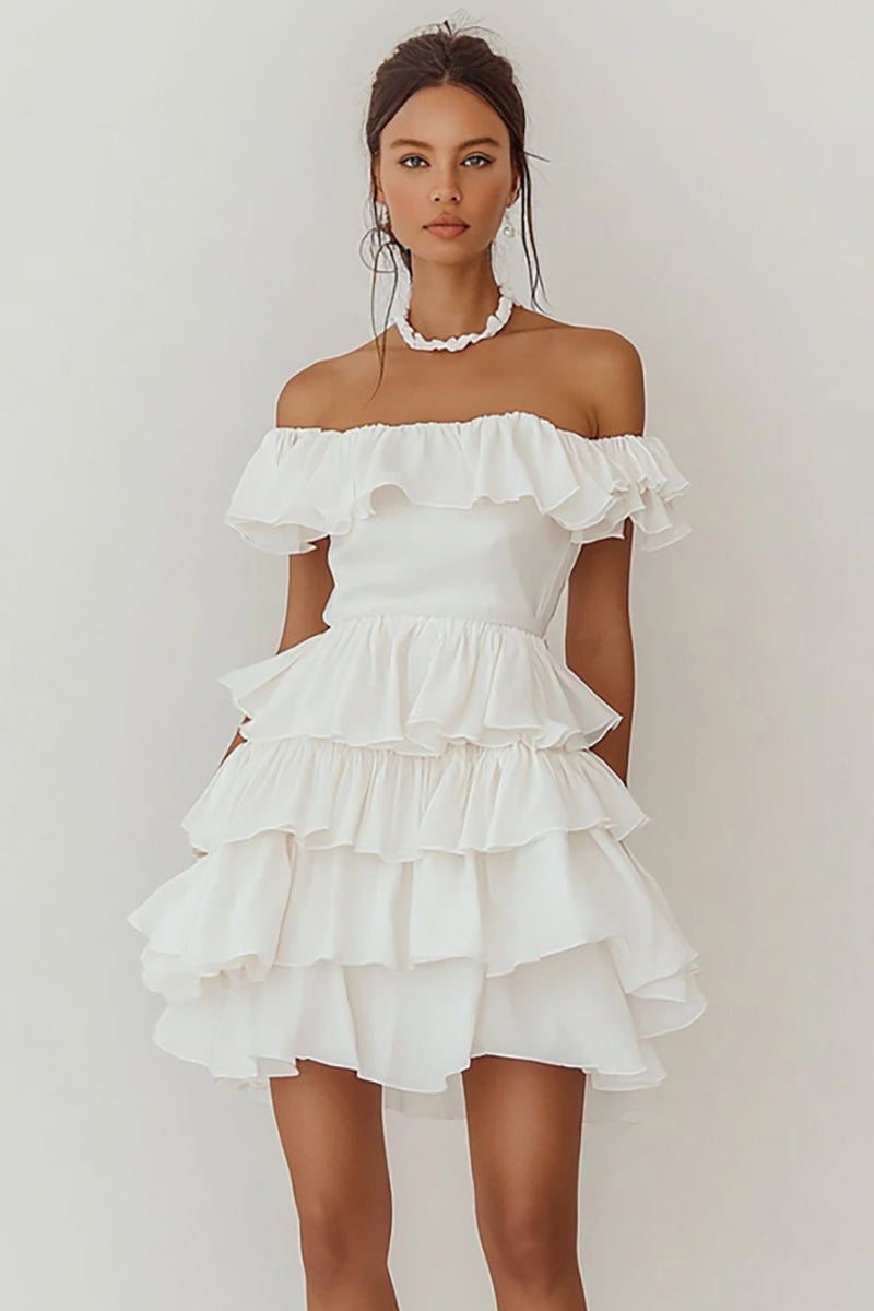 Load image into Gallery viewer, White Short Chiffon A Line Graduation Dress with Ruffles
