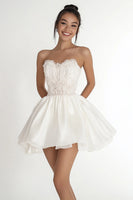 Load image into Gallery viewer, White Chiffon Strapless Short A Line Graduation Dress with Lace