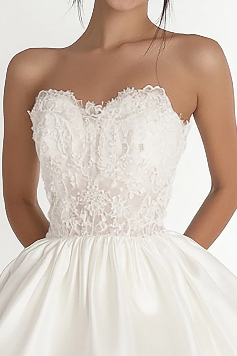 Load image into Gallery viewer, White Chiffon Strapless Short A Line Graduation Dress with Lace