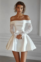 Load image into Gallery viewer, Women White Satin Short Graduation Dress with Lace Long Sleeves Off The Shoulder A Line Little White Dress with Bow