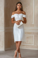 Load image into Gallery viewer, White Satin Off The Shoulder Midi A Line Graduation Dress