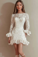 Load image into Gallery viewer, Women Ivory Lace Short Wedding Dress with Ruffles Bateau Bodycon Little White Dress with Long Sleeves