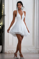 Load image into Gallery viewer, White Chiffon V Neck A Line Ruffled Graduation Dress