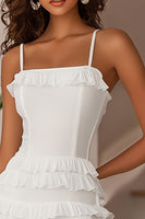 Load image into Gallery viewer, White Spaghetti Straps Mini Bodycon Graduation Dress with Ruffles
