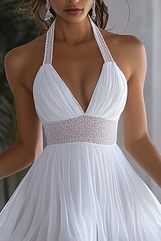 White Halter Short A Line Graduation Dress with Ruffles