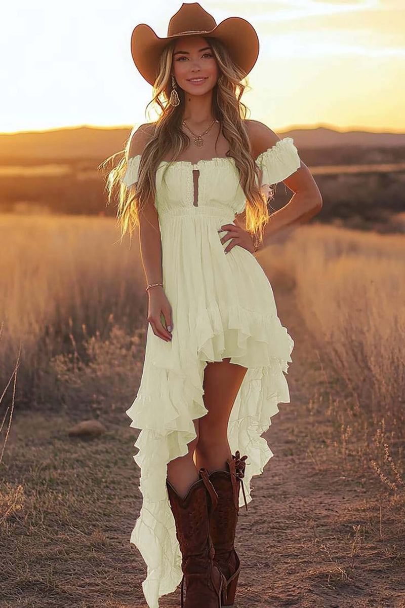 Load image into Gallery viewer, Daffodil Asymmetrical A Line Off the Shoulder Western Dress with Ruffles