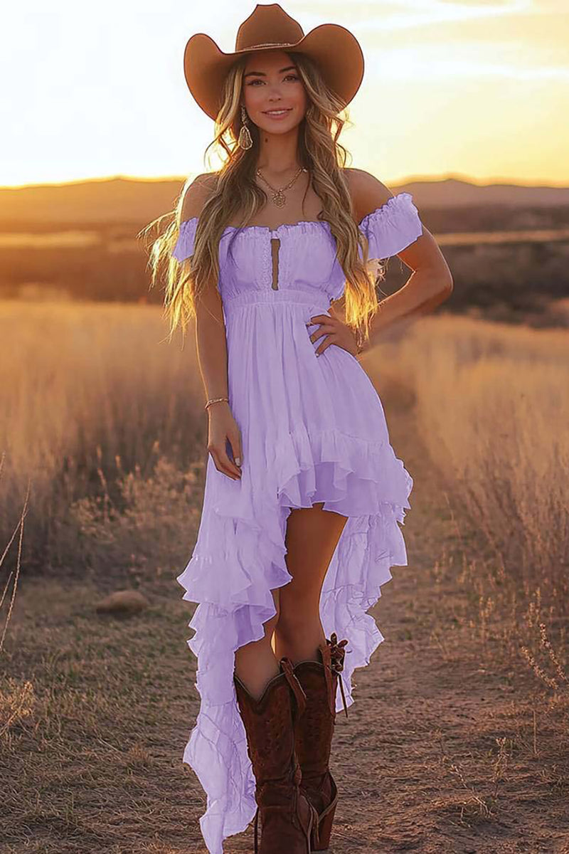 Load image into Gallery viewer, Daffodil Asymmetrical A Line Off the Shoulder Western Dress with Ruffles
