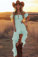 Load image into Gallery viewer, Daffodil Asymmetrical A Line Off the Shoulder Western Dress with Ruffles