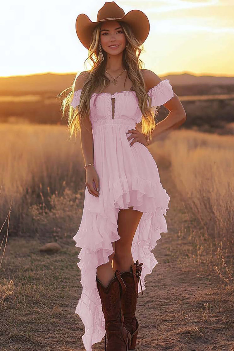 Load image into Gallery viewer, White A Line Off the Shoulder Asymmetrical Western Engagement Dress with Ruffles