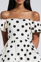 Load image into Gallery viewer, White Polka Dots Off the Shoulder Short Graduation Dress