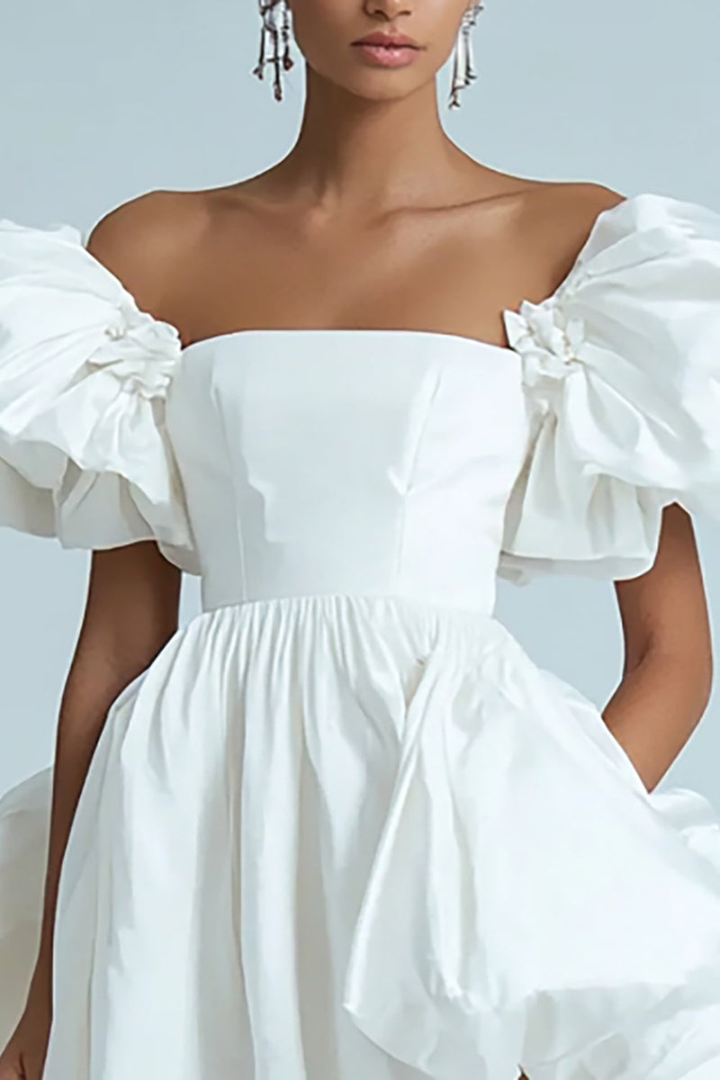 Load image into Gallery viewer, White A Line Off the Shoulder Ruffled Satin Short Graduation Dress