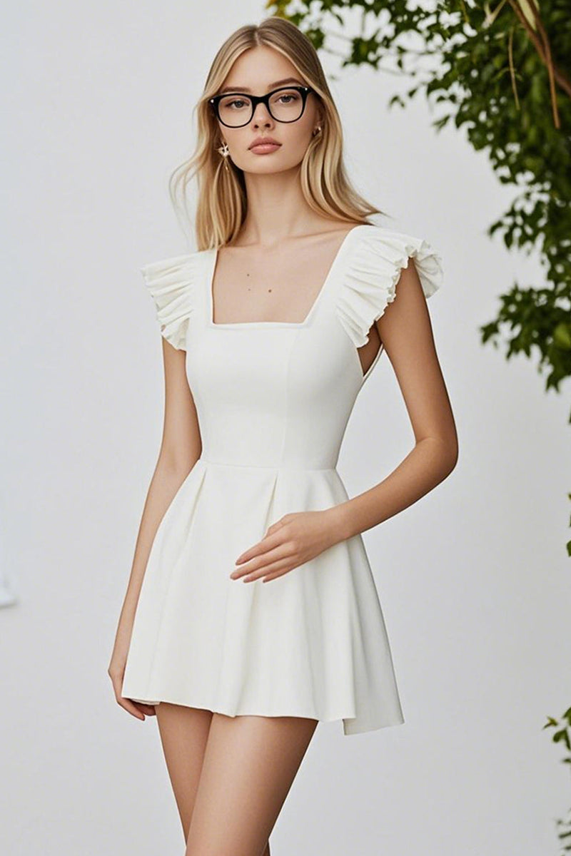 Load image into Gallery viewer, Ivory A Line Square Neck Ruffled Short Graduation Dress