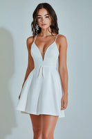 Load image into Gallery viewer, White A Line Spaghetti Straps Satin Short Graduation Dress