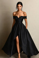 Load image into Gallery viewer, Queendancer UK Women A Line Satin Maxi Formal Dress with Slit Off the Shoulder Ruched Black Tie Dress