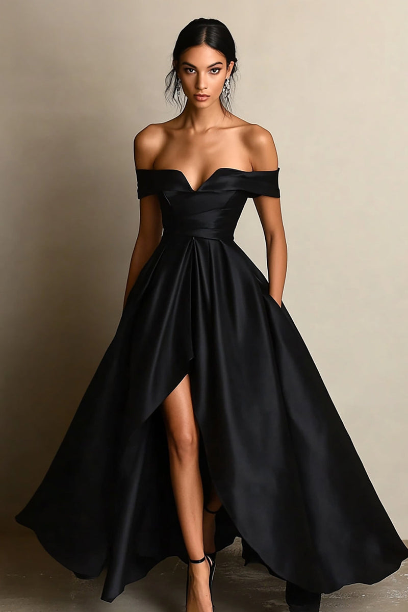 Load image into Gallery viewer, Queendancer UK Women A Line Satin Maxi Formal Dress with Slit Off the Shoulder Ruched Black Tie Dress