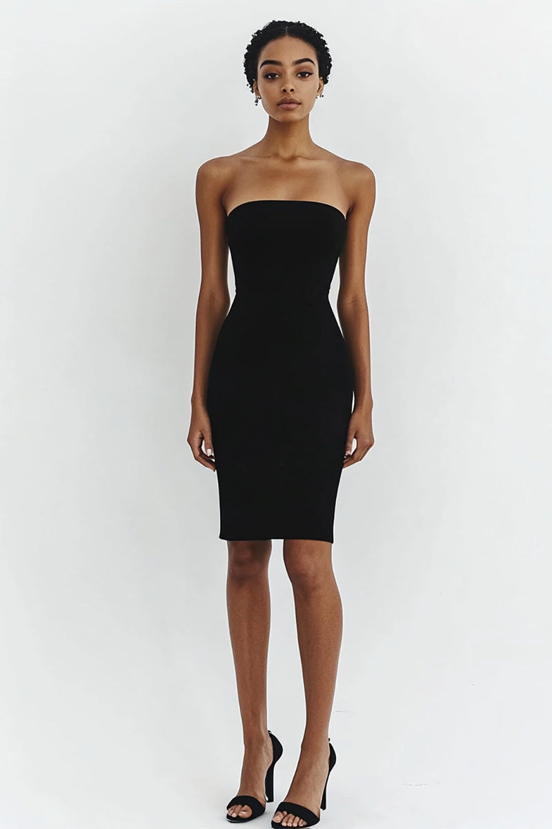 Load image into Gallery viewer, Black Strapless Bodycon Satin Short Cocktail Dress