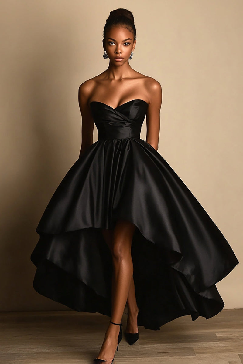 Load image into Gallery viewer, Black Sweetheart Satin A Line High-Low Formal Dress