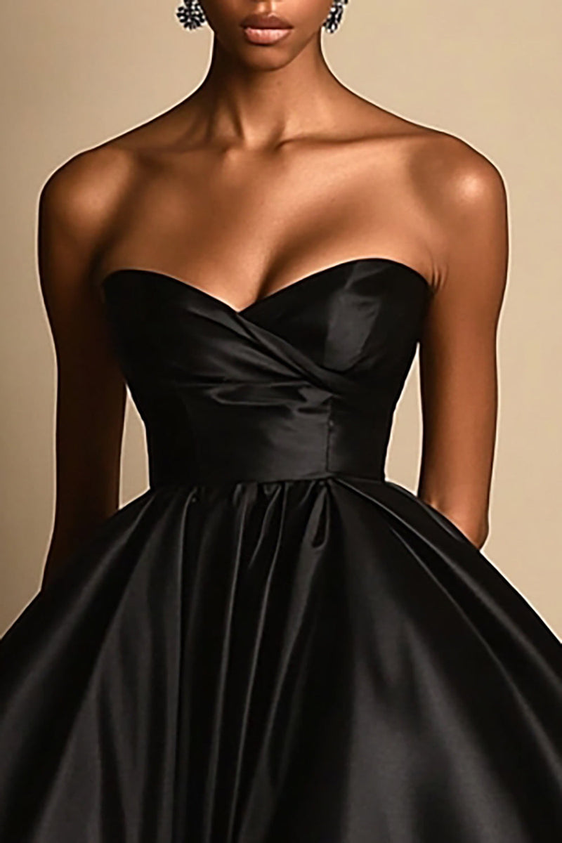 Load image into Gallery viewer, Black Sweetheart Satin A Line High-Low Formal Dress