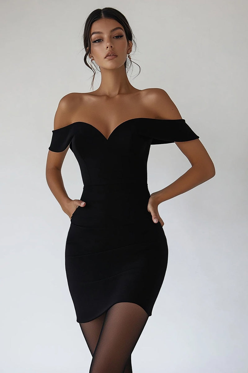 Load image into Gallery viewer, Wome Black Satin Short Bodycon Graduation Dress Off the Shoulder Cocktail Dress