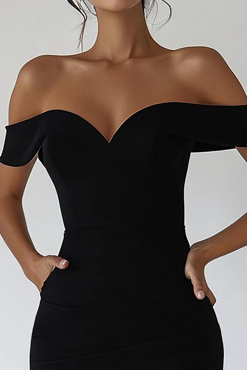 Load image into Gallery viewer, Black Off the Shoulder Bodycon Satin Short Graduation Dress