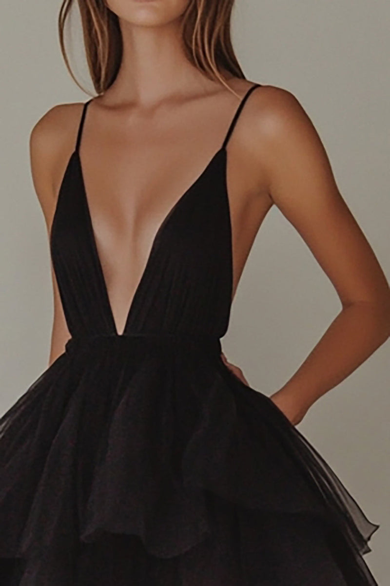 Load image into Gallery viewer, Black Tiered Tulle V-Neck A Line Short Graduation Dress