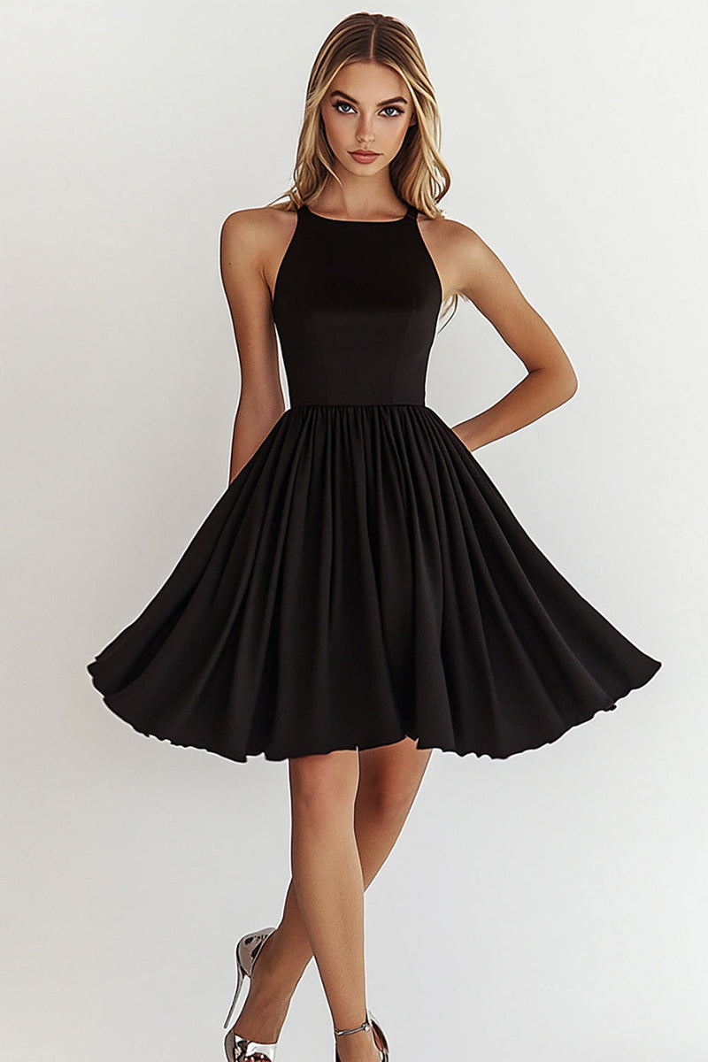 Load image into Gallery viewer, Black Boat Neck A Line Mini Cocktail Dress