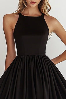 Black Boat Neck A Line Mini Cocktail Dress