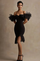 Load image into Gallery viewer, Black Satin Off The Shoulder Bodycon Ruffled Mini Cocktail Dress