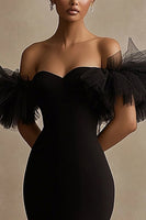 Load image into Gallery viewer, Black Satin Off The Shoulder Bodycon Ruffled Mini Cocktail Dress