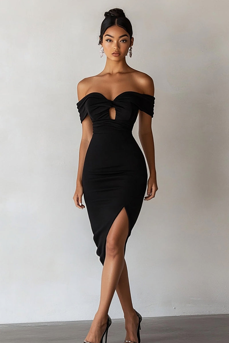 Load image into Gallery viewer, Black Off The Shoulder Bodycon Mini Cocktail Dress with Keyhole
