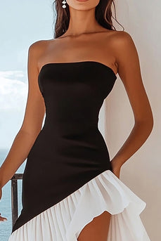 Black and White Strapless A Line Ruffled Asymmetrical Cocktail Dress