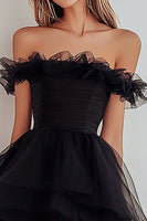 Load image into Gallery viewer, Black Tulle Off The Shoulder A Line Ruffled Mini Cocktail Dress