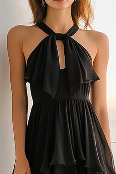 Black Chiffon Halter A Line Tiered Mini Cocktail Dress with Keyhole