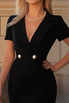 Black Satin Bodycon V Neck Mini Sleeves Cocktail Dress