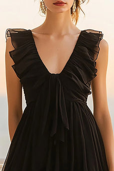 Black Chiffon A Line Ruffled V Neck Mini Cocktail Dress