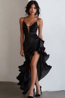 Load image into Gallery viewer, Women Black Formal Dress Spaghetti Straps Sheath Ruffled High-Low Black Tie Dress