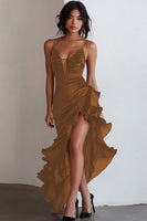 Load image into Gallery viewer, Black Spaghetti Straps Sheath Ruffled High-Low Formal Dress