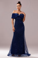 Load image into Gallery viewer, Sparkly Navy Sequin Mermaid Maxi Ruched Prom Dress