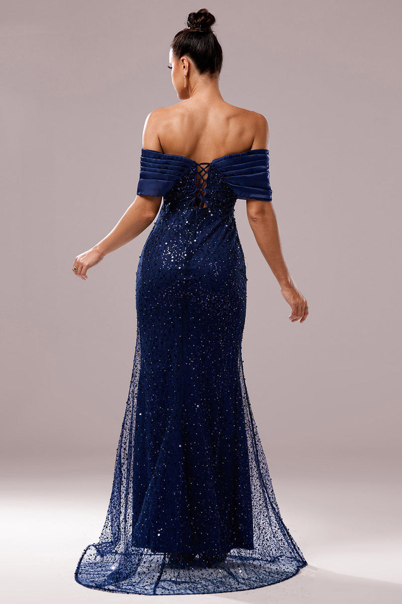 Load image into Gallery viewer, Sparkly Navy Sequin Mermaid Maxi Ruched Prom Dress
