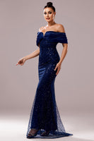 Load image into Gallery viewer, Sparkly Navy Sequin Mermaid Maxi Ruched Prom Dress