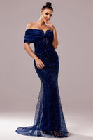 Load image into Gallery viewer, Sparkly Navy Sequin Mermaid Maxi Ruched Prom Dress