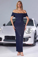 Load image into Gallery viewer, Navy Glitter Mermaid Ruched Off the Shoulder Maxi Prom Dress