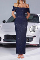 Load image into Gallery viewer, Navy Glitter Mermaid Ruched Off the Shoulder Maxi Prom Dress