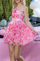 Load image into Gallery viewer, Fuchsia Cut Out Floral Short Prom Dress with Ruffles