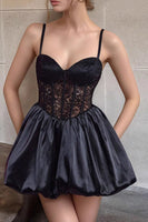 Load image into Gallery viewer, Black Satin A Line Corset Short Homecoming Dress with Lace