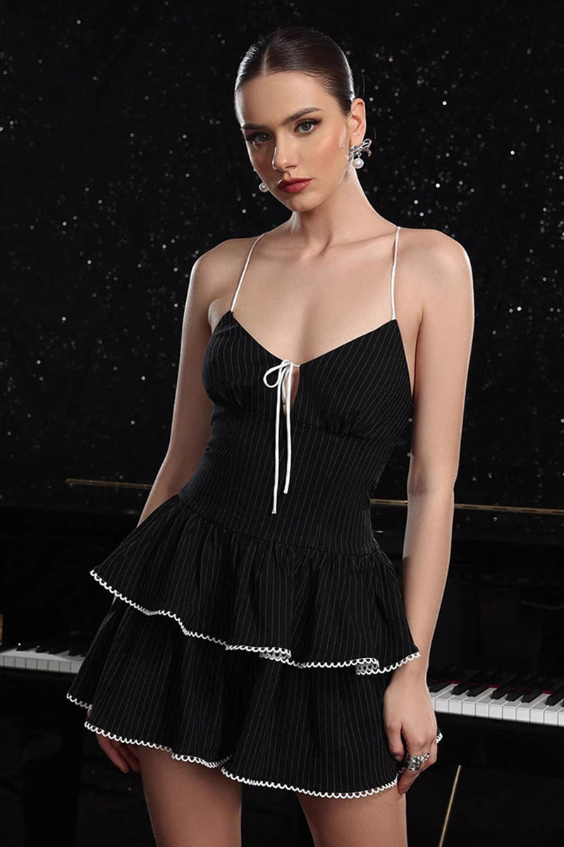 Load image into Gallery viewer, Black A Line Tiered Striped Short Prom Dress with Ruffles
