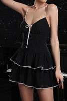 Load image into Gallery viewer, Black A Line Tiered Striped Short Prom Dress with Ruffles