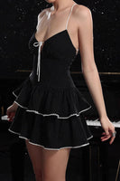 Load image into Gallery viewer, Black A Line Tiered Striped Short Prom Dress with Ruffles